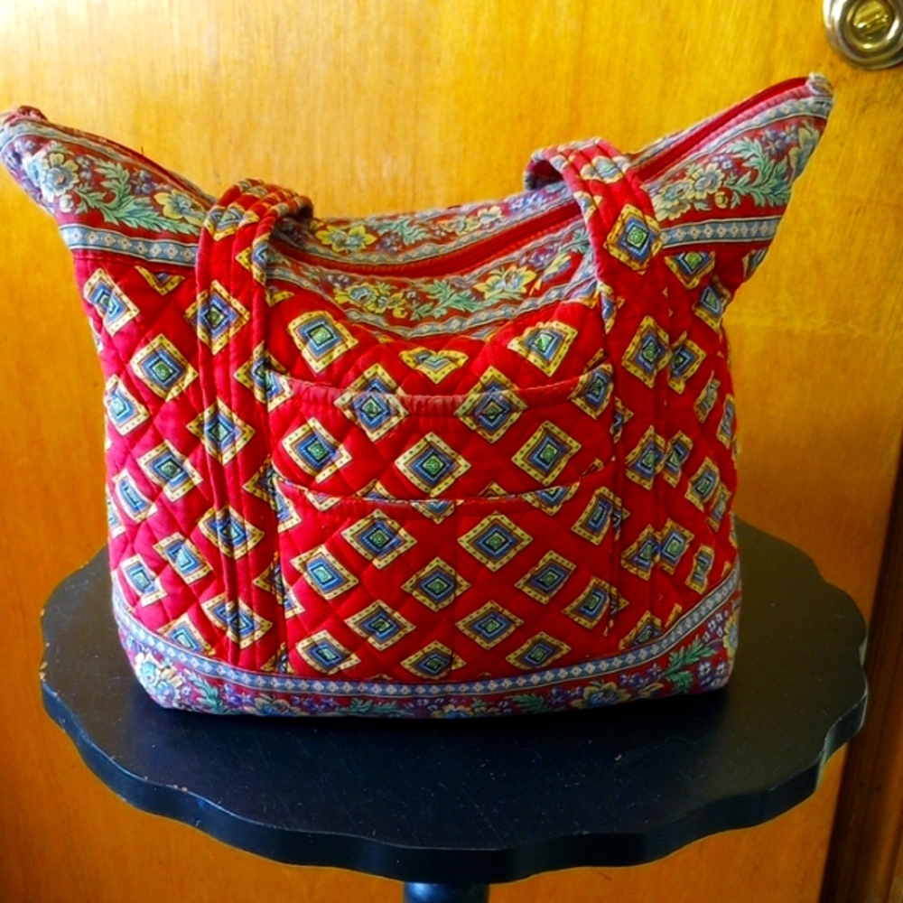 Vera Bradley Villager, Quilted Red, Blue, Yellow, Green Geometric & Stripes
